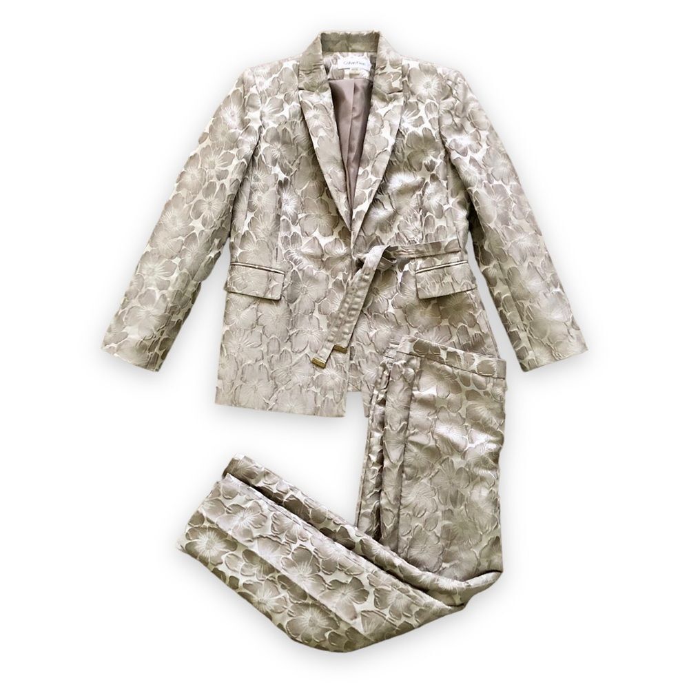 Clavin Klein Women's Metallic Beige Jacquard Floral Suit Set Mixed Sizes Formal